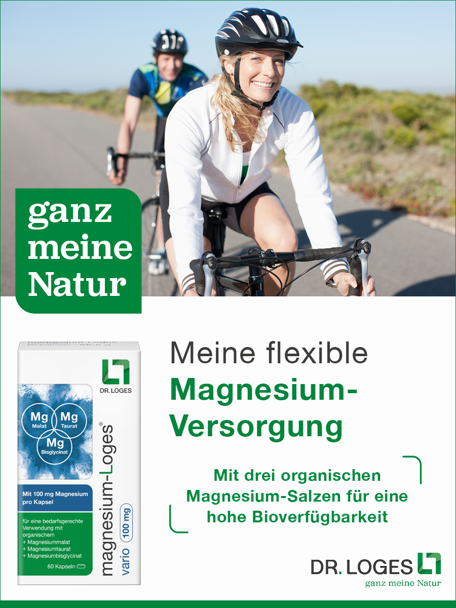Frau und Mann fahren Fahrrad. Daneben Packung Magnesium-Loges vario 100 mg. Text: Meine flexible Magnesium-Versorgung.